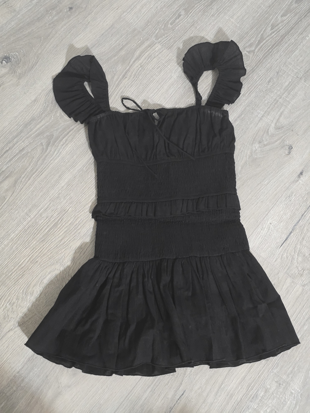Tularosa Black Smocked Mini Dress with Ruffle Straps